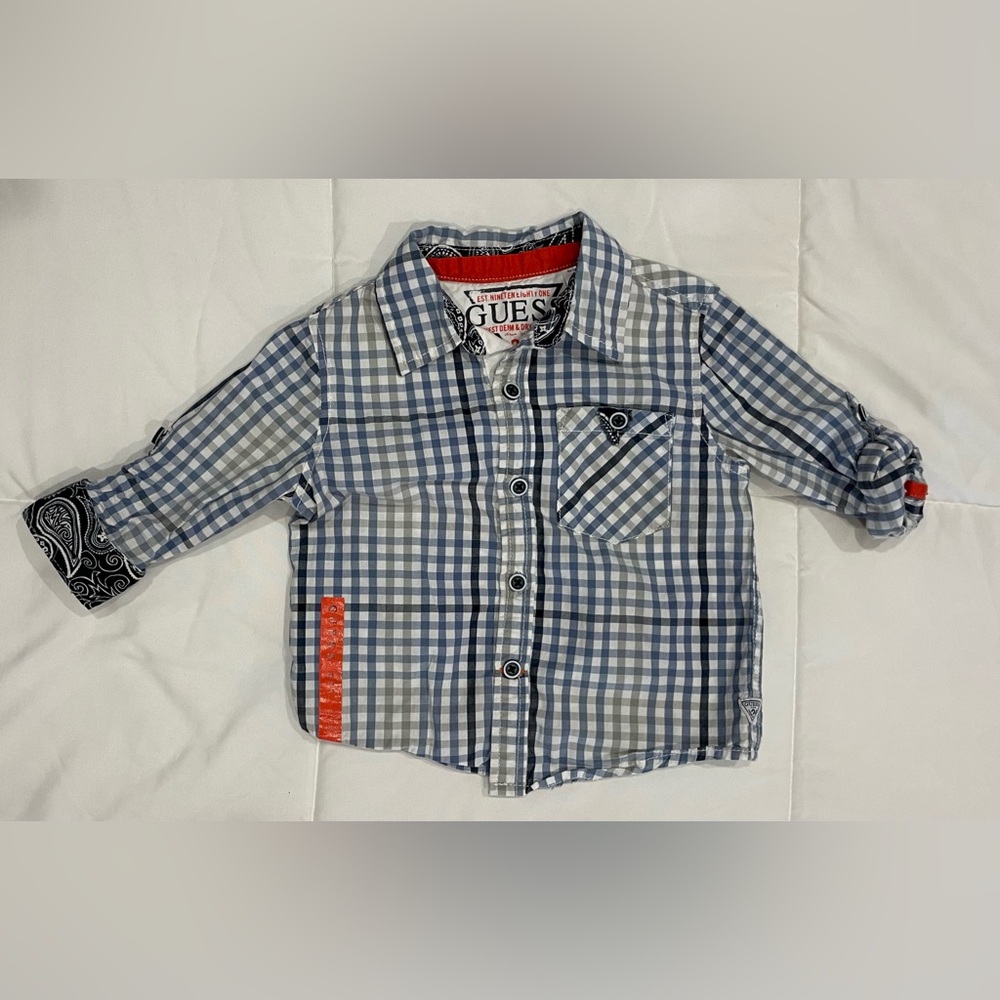Toddler Infant Baby Boy Guess Brand Button Down Dress Shirt Plaid 18 Months Blue